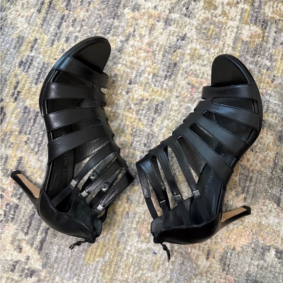 Stuart Weitzman Outing Heeled Sandal Black Leather Strappy Cage Design - Picture 5 of 16